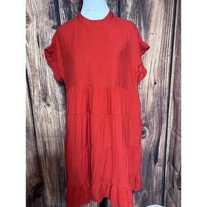 MIHOLL Women Sz L Red Burgandy Summer Casual Ruffle Loose Tiered Babydoll Dress